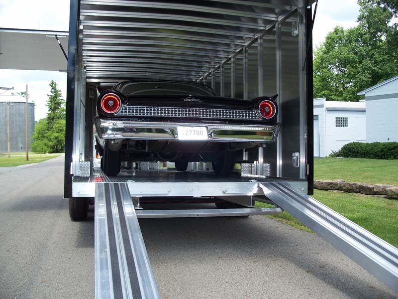 Classic Ford loaded in CTE-80210HD enclosed trailer, rear view